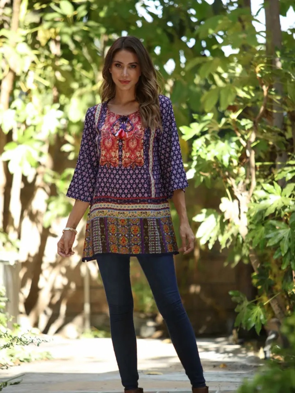 Anandas Collection Boho Tunic Top XXL Mixed Print Tassel Tie Rayon Festival